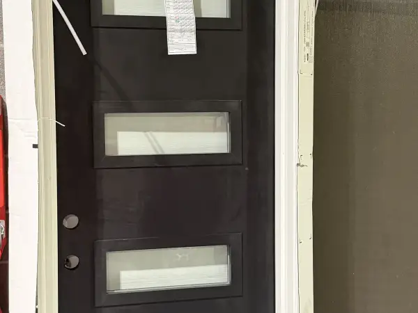 Tall black modern entry door with glass inserts