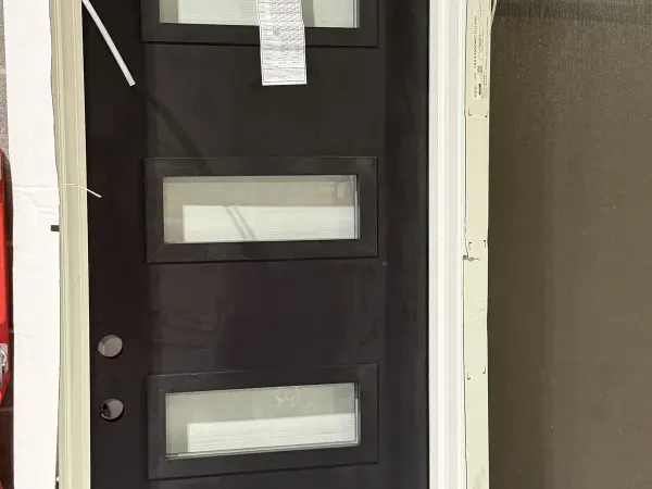 Tall black modern entry door with glass inserts
