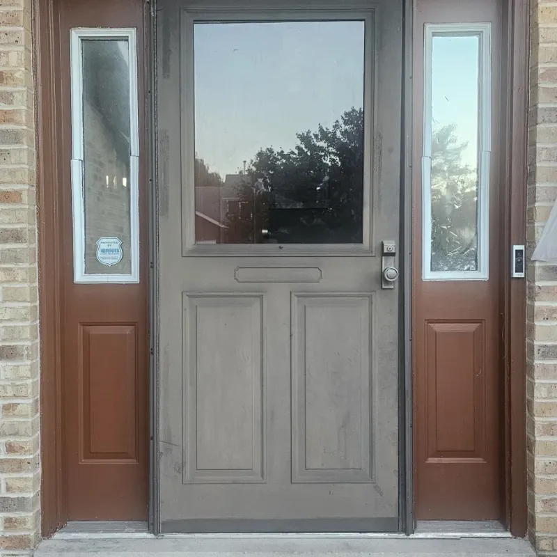 White entry door with sidelights and arched transom install
