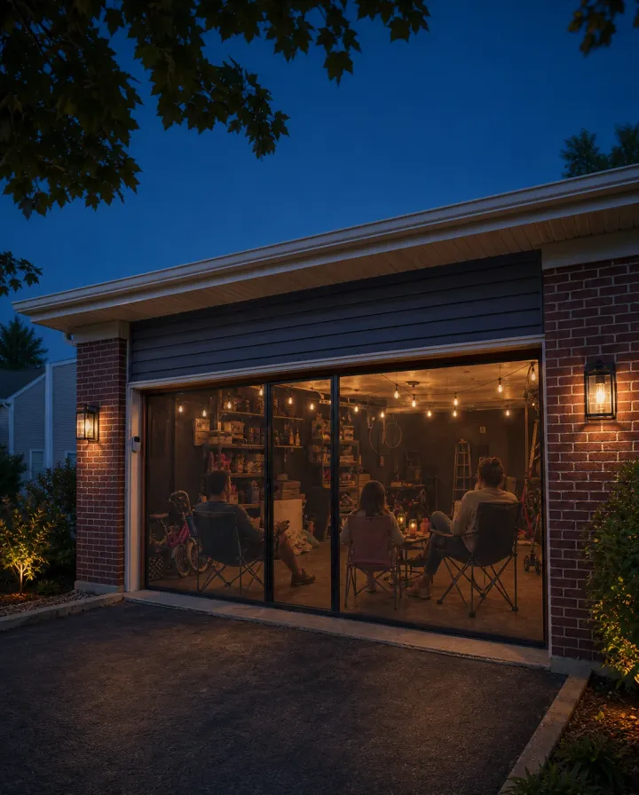 Evening scene of a family relaxing behind a retractable garage screen