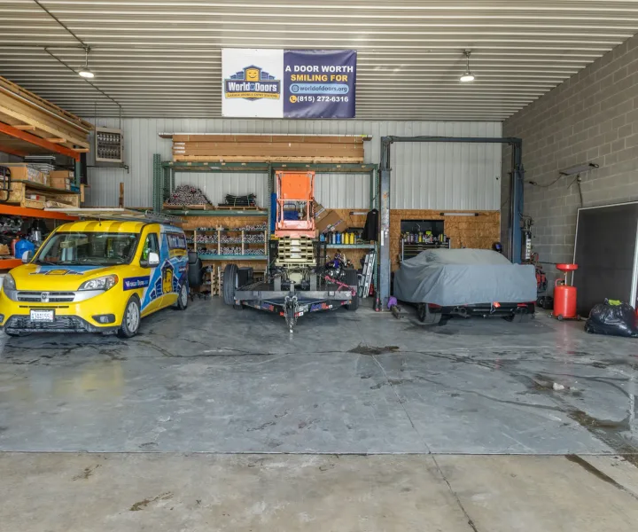 World of Doors service shop in New Lenox with a branded service vehicle