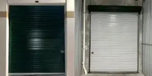 Two commercial overhead doors side by side; the left door is dark green and fully closed, the right door is white and fully closed, showcasing options for commercial overhead door repair.