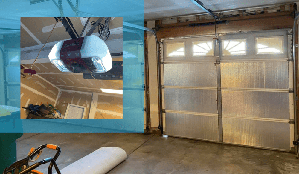 A garage opener and foil insulation on the garage door.