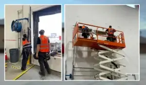 Technicians from a commercial door repair company near me performing installation and maintenance of commercial overhead doors using professional tools and equipment.