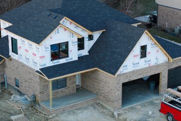 An aerial view of a garage door under construction.