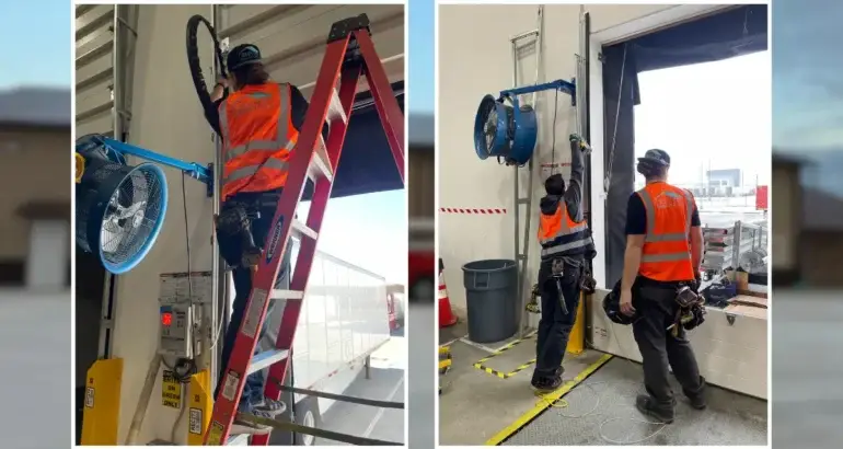 Technicians performing commercial overhead door installation and repair services in New Lenox